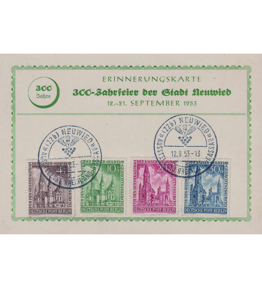Berlin Gedchtniskirche 1953 Nr. 106-109 auf Schmuckbeleg mit Sonderstempel