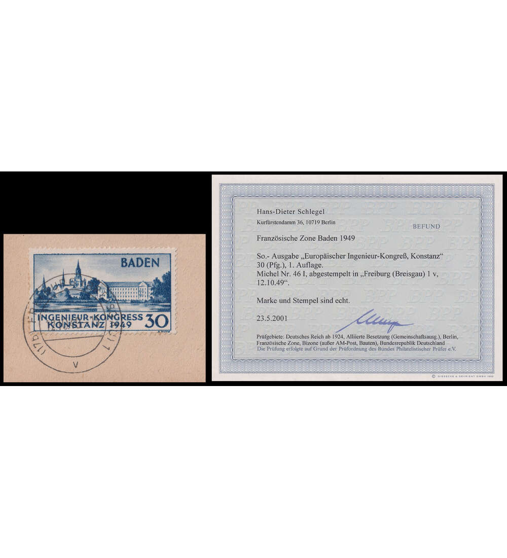 Baden Konstanz 1949 Nr. 46 auf Briefabschnitt mit Farbfotobefund Schlegel