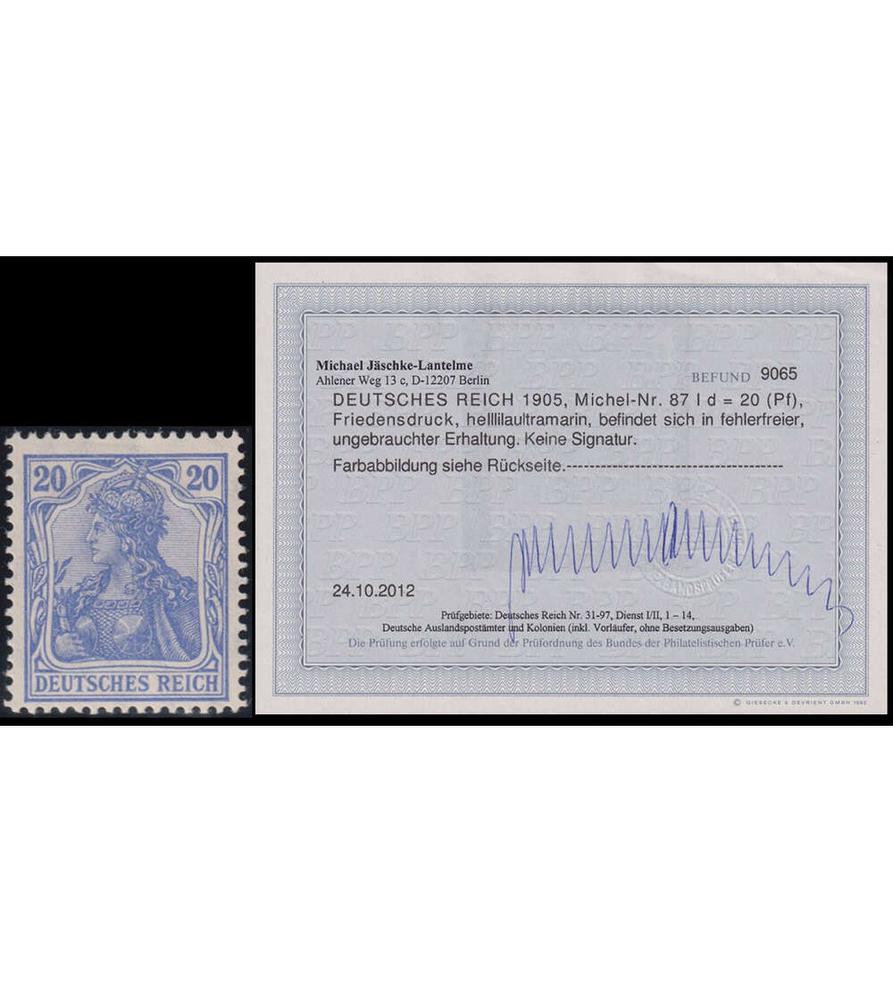 Deutsches Reich Germania Nr. 87 I d ungebraucht mit Farbfotobefund