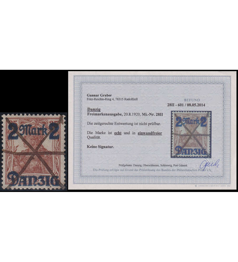 Danzig Freimarke 1920 Nr. 28 II mit zeitgerechter Entwertung und Farbfotobefund