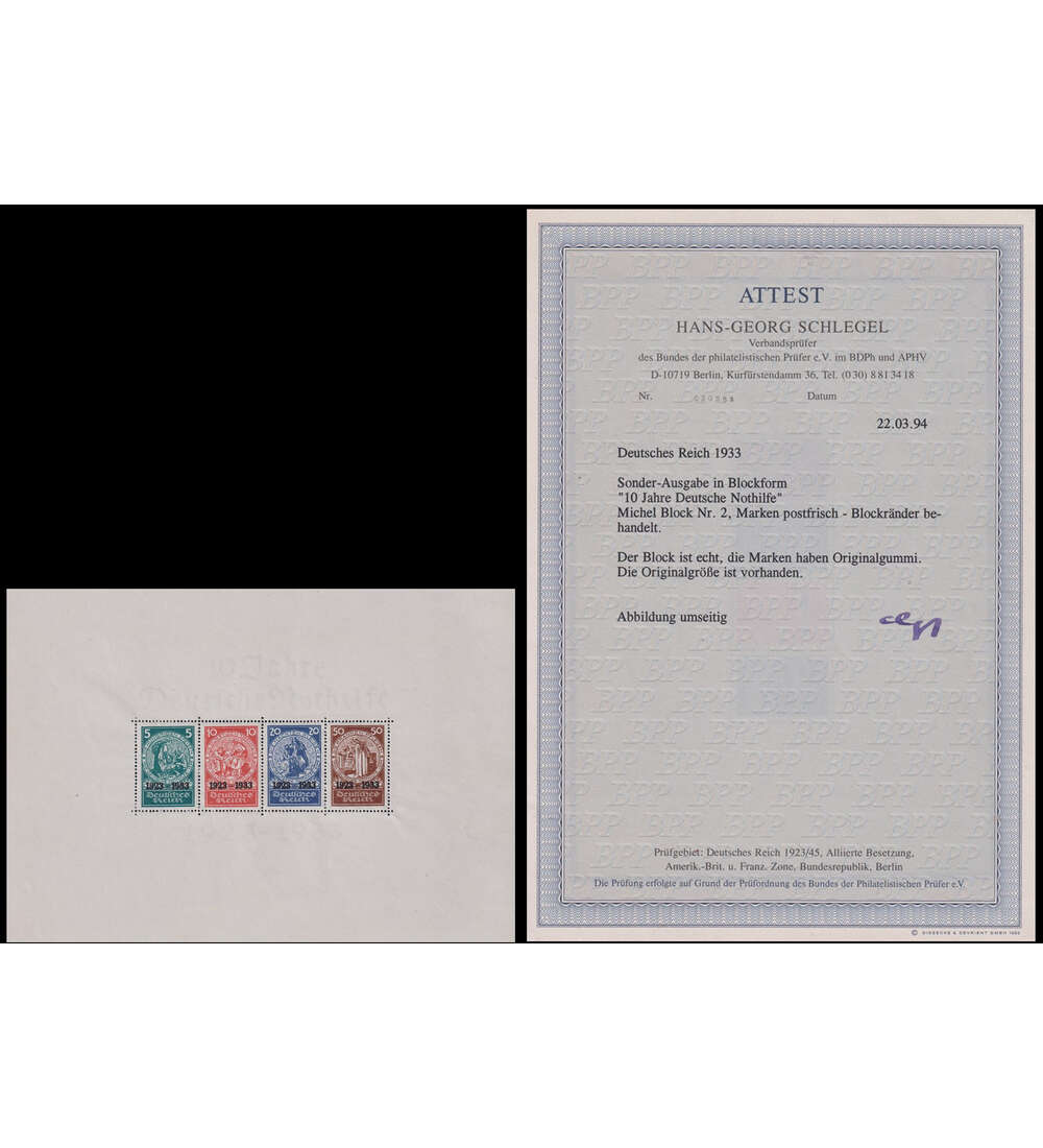 Deutsches Reich - Block 2 postfrisch mit Farbfotoattest Schlegel