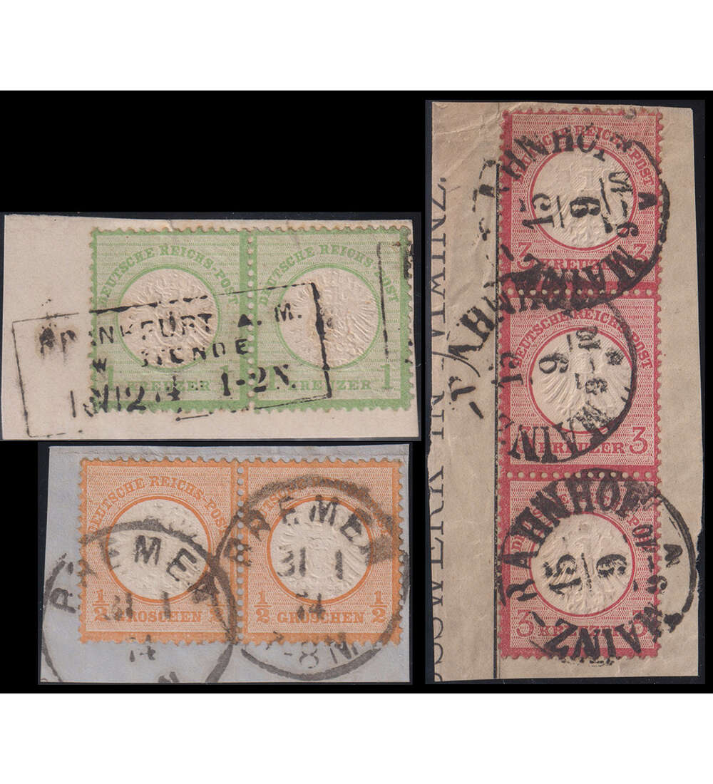 Deutsches Reich Brustschild Nr. 9, 18 und 23 gestempelt in 3er-Streifen und Paaren