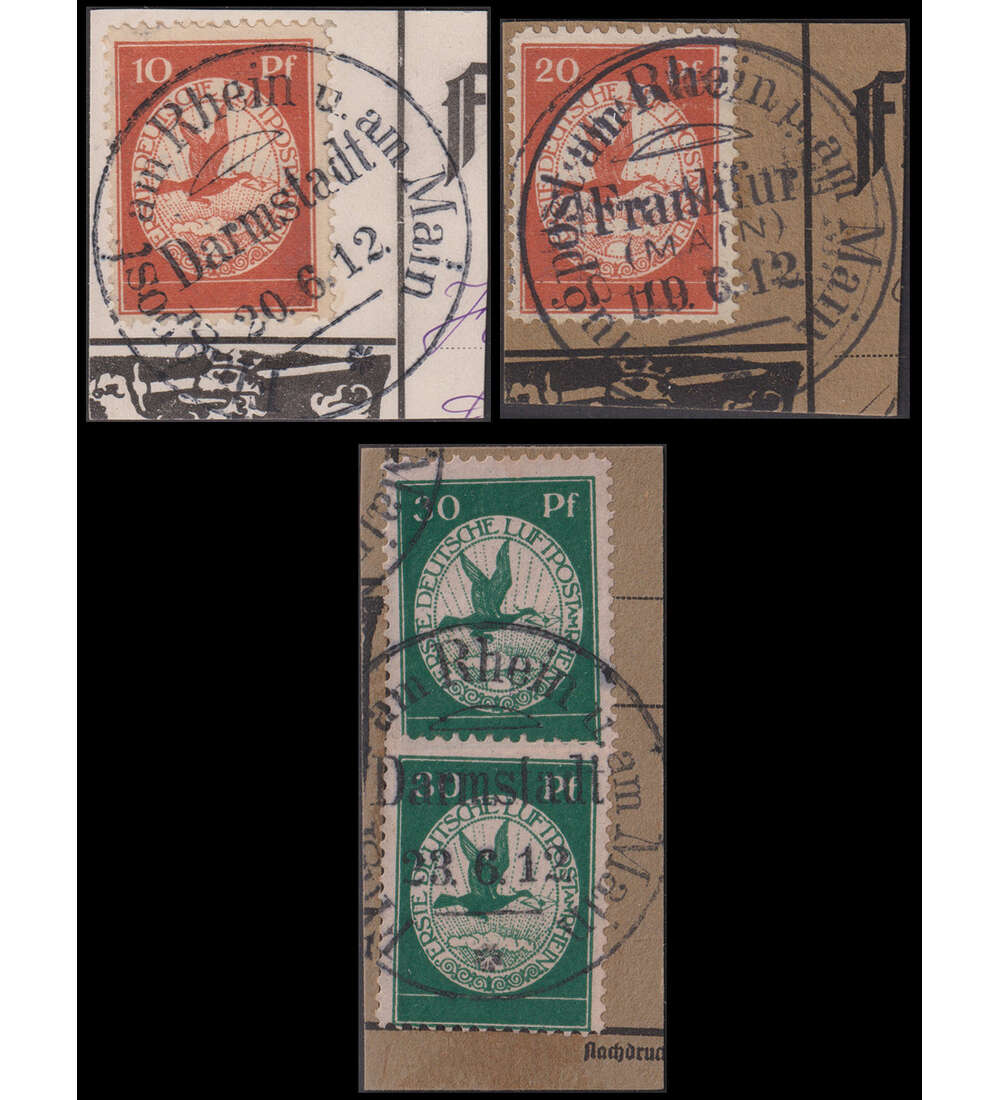 Deutsches Reich Flugpost 1912 Nr. I-III gestempelt auf Kartenausschnitten