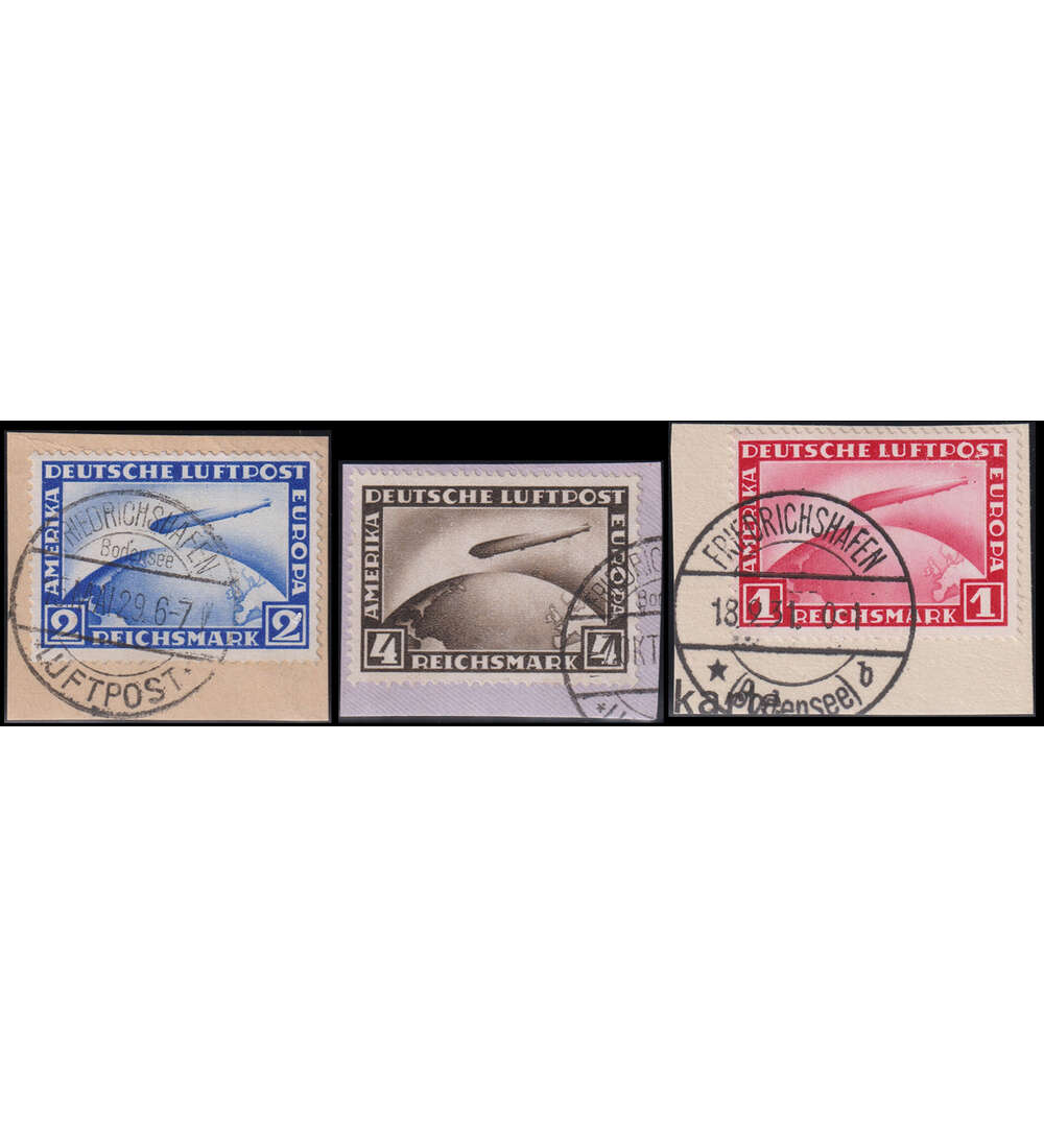 Deutsches Reich Zeppeline Nr. 423-424 und 455 gestempelt auf Briefausschnitten