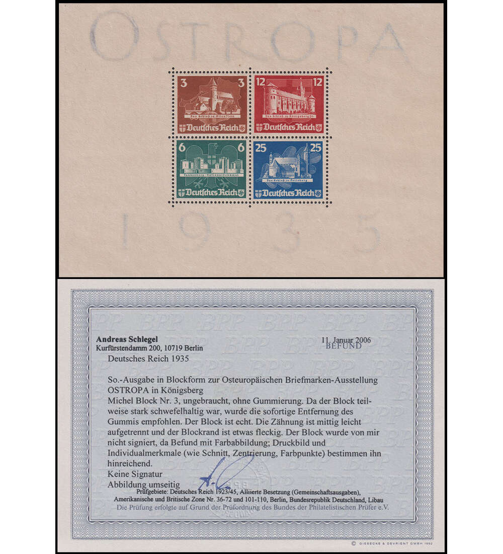Deutsches Reich - Block 3 ungestempelt mit Farbfotobefund Schlegel