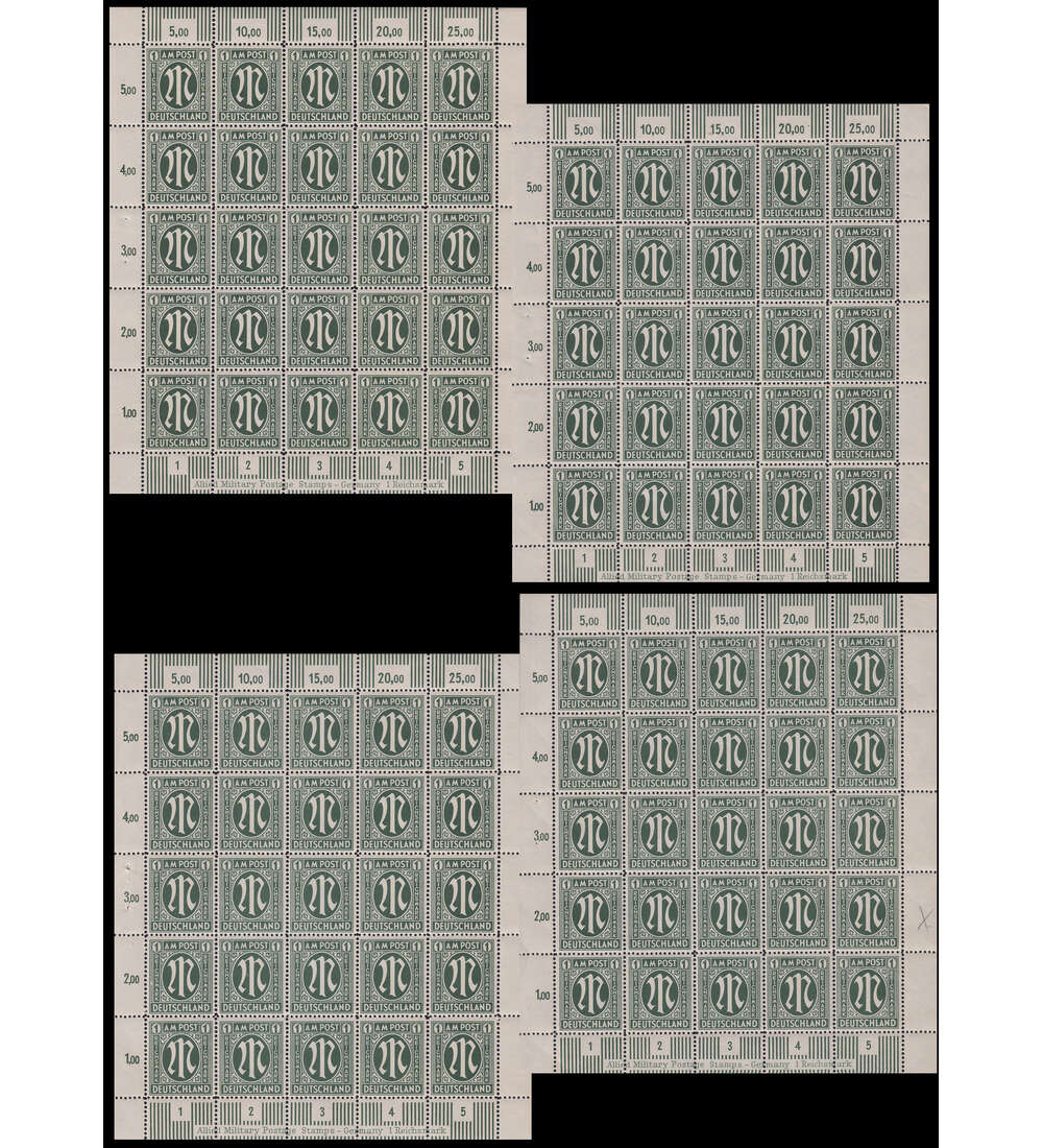 Alliierte Besetzung AM-Post Nr. 35 Set von 4 Komplettbgen mit den Plattenfehlern I - IV