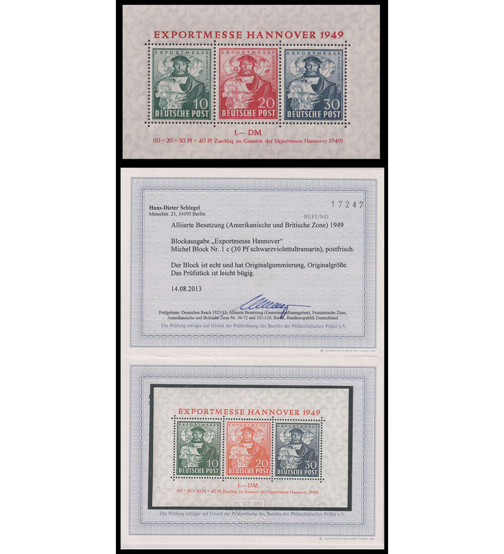 Alliierte Besetzung Block 1 c postfrisch mit Farbfotobefund Schlegel Hannover-Messe 1949
