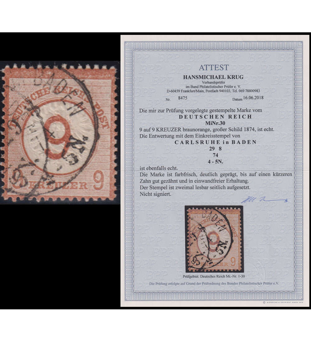 Deutsches Reich Brustschild Nr. 30 gestempelt mit Farbfotoattest