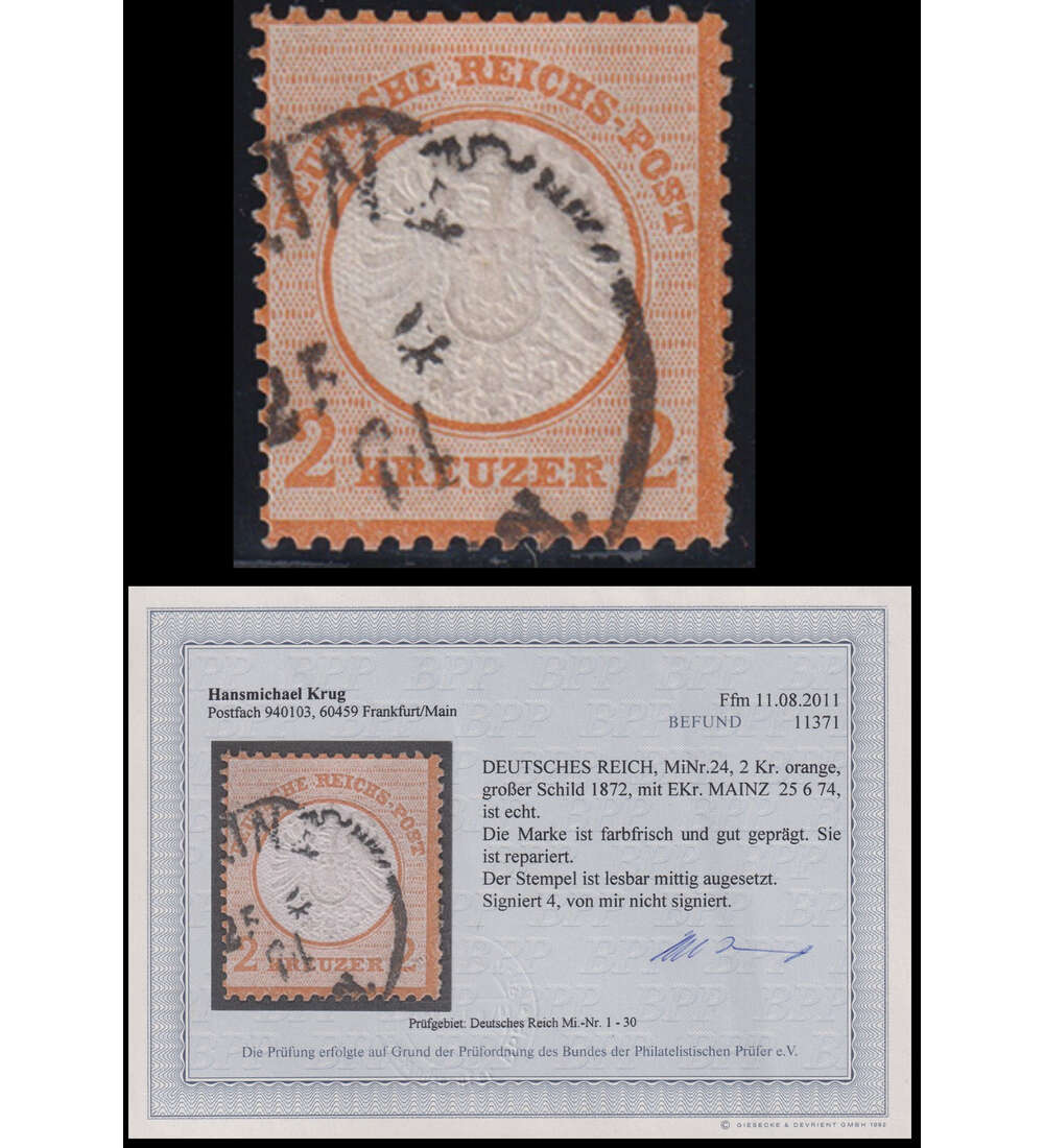 Deutsches Reich Brustschild Nr. 24 gestempelt mit Farbfotobefund