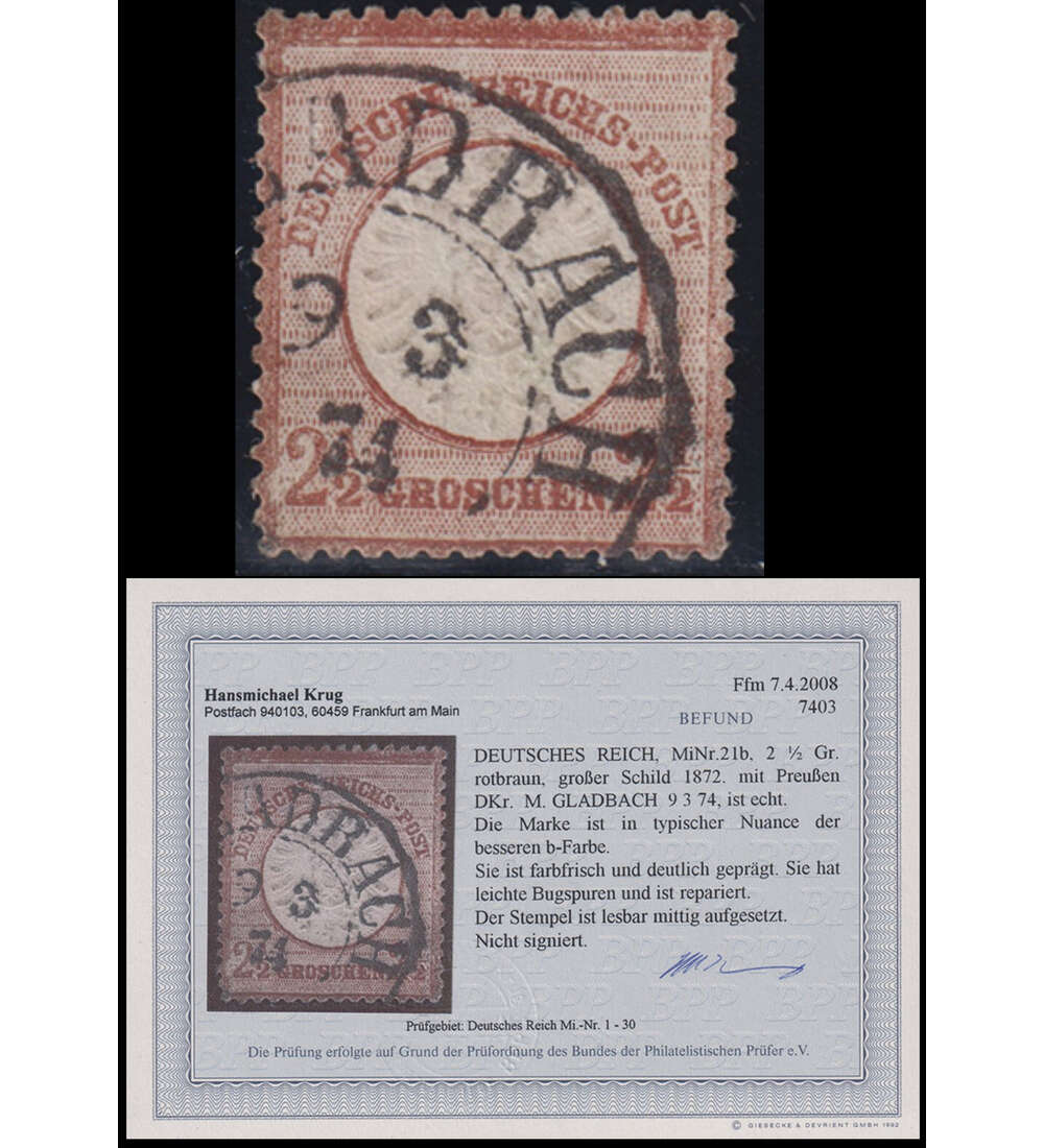 Deutsches Reich Brustschild Nr. 21 b gestempelt mit Farbfotobefund