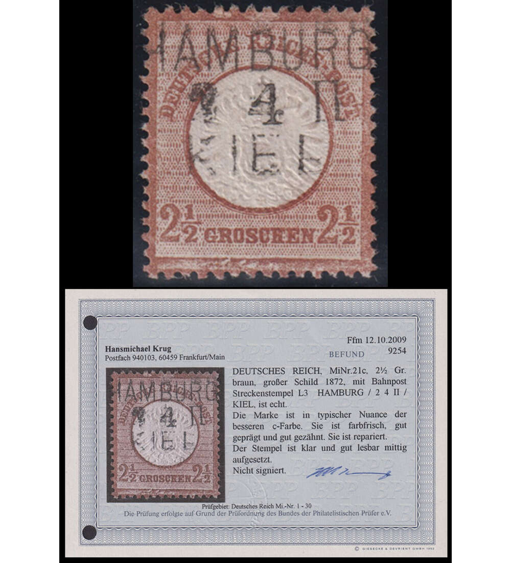 Deutsches Reich Brustschild Nr. 21 c gestempelt mit Farbfotobefund