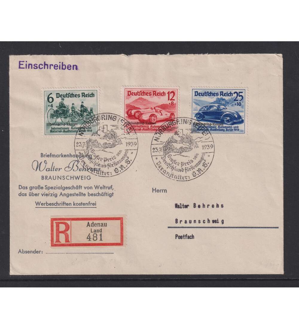 Dt. Reich Nrburgring 1939 Nr. 695-697 gestempelt auf Einschreibebrief