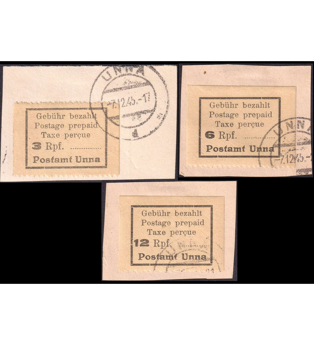 Lokalausgabe Unna Nr. 1-3 auf Briefausschnitten Geb�hrenzettel 1945