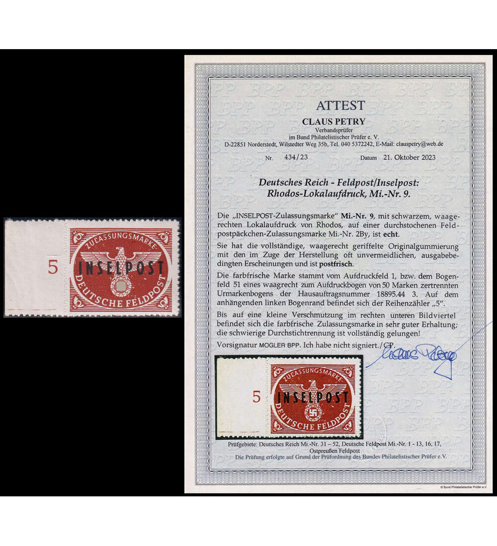 Dt. Reich - Feldpost Nr. 9 postfrisch mit Farbfotoattest Petry Inselpostmarke Rhodos