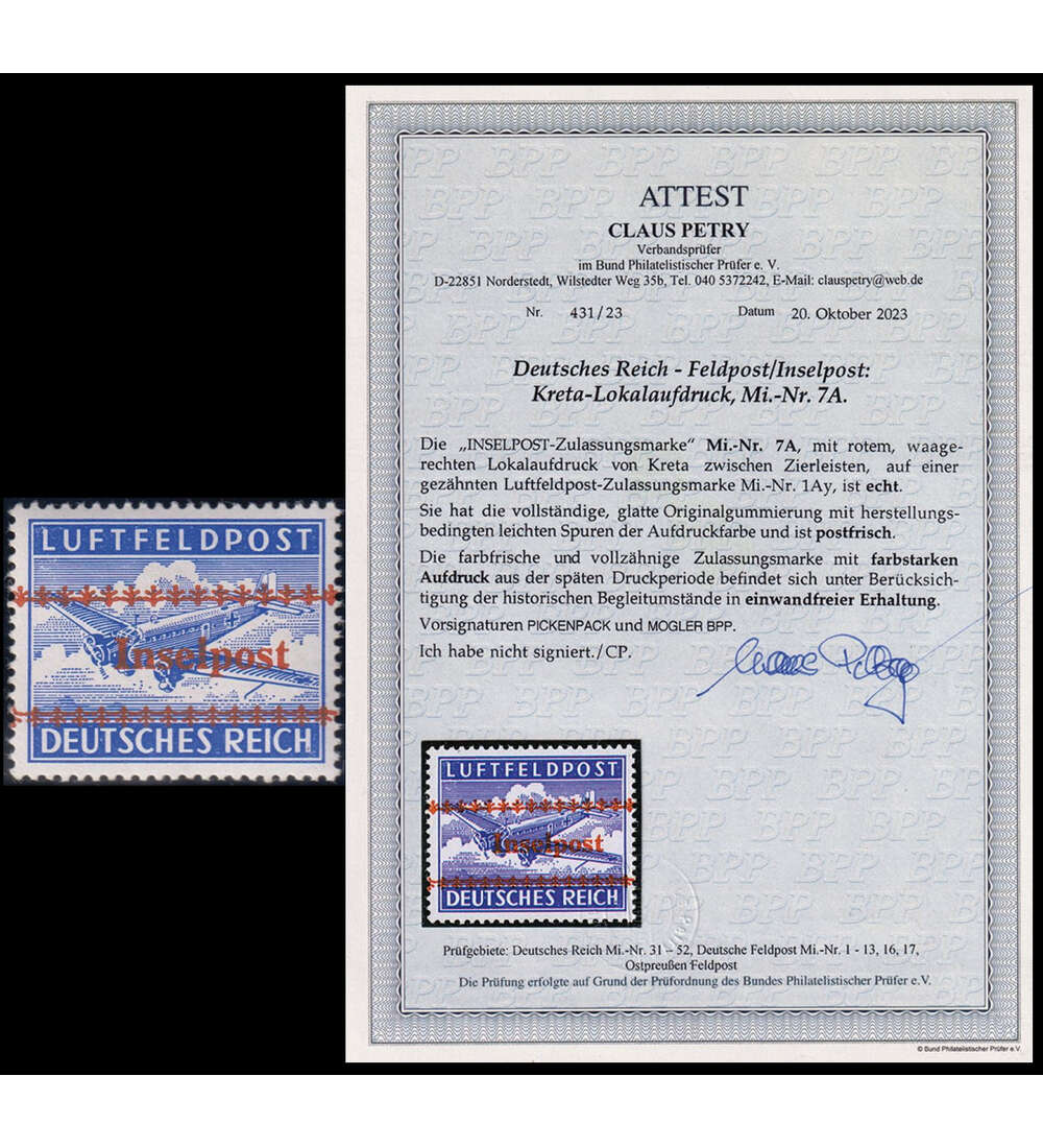 Dt. Reich - Feldpost Nr. 7 postfrisch mit Farbfotoattest Petry Inselpostmarke Kreta