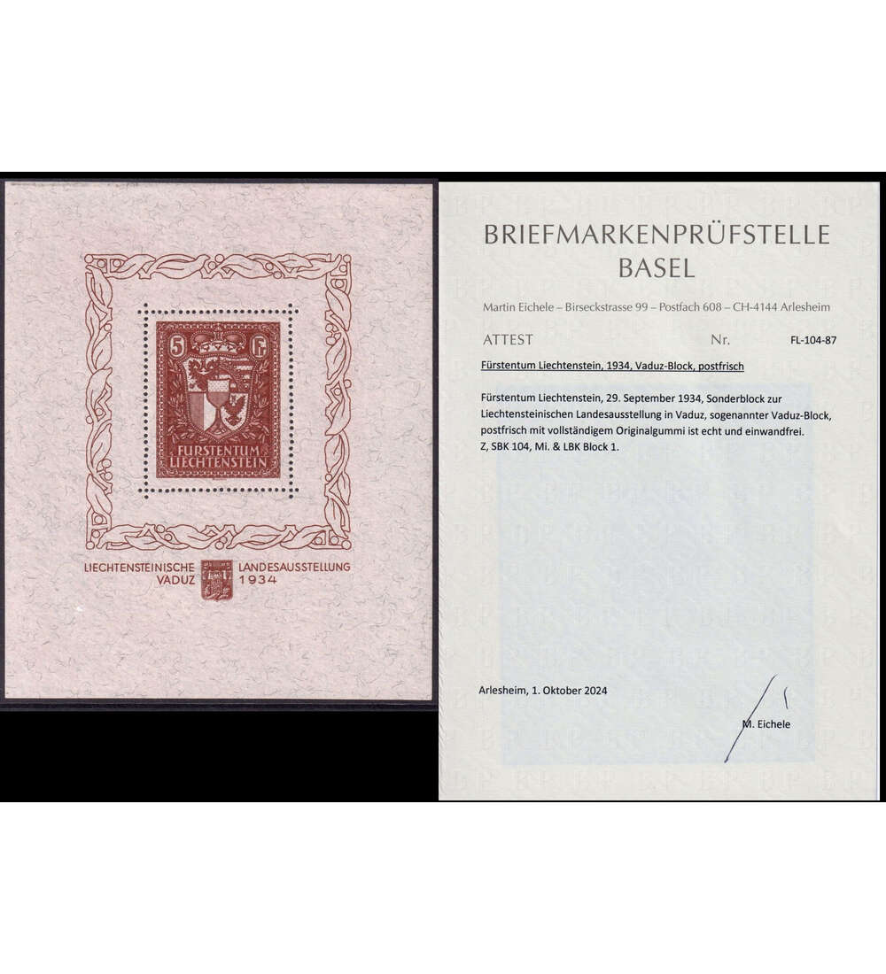 Liechtenstein Block 1 postfr. Landesausstellung Vaduz 1934 mit Attest echt u. einwandfrei