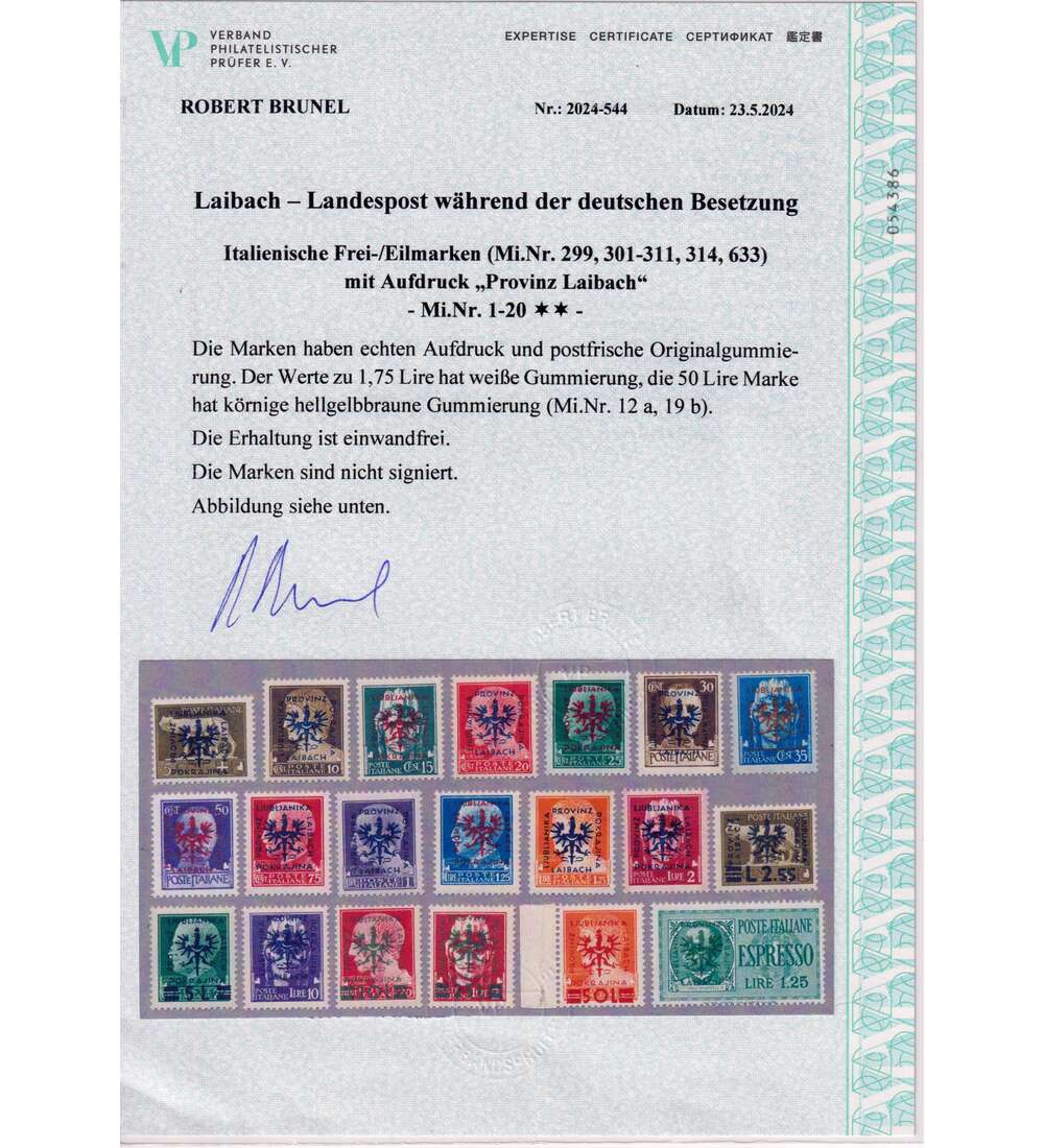 Laibach Freimarken 1944 Nr. 1-20 postfrisch mit Farbfotoattest einwandfrei