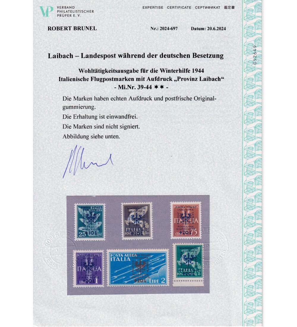 Laibach Winterhilfe 1944 Nr. 39-44 postfrisch mit Farbfotoattest einwandfrei