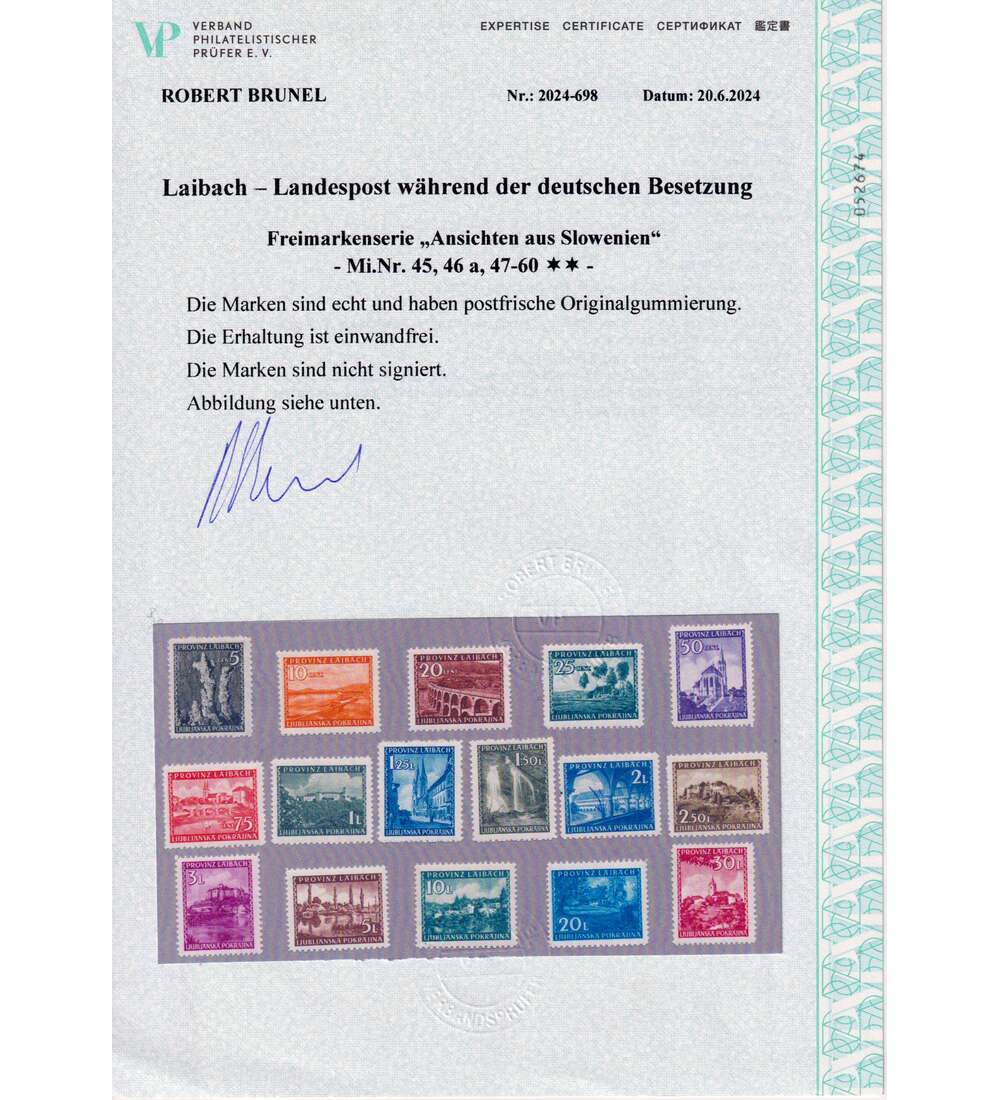 Laibach Freimarken 1945 Nr. 45-60 postfrisch mit Farbfotoattest einwandfrei