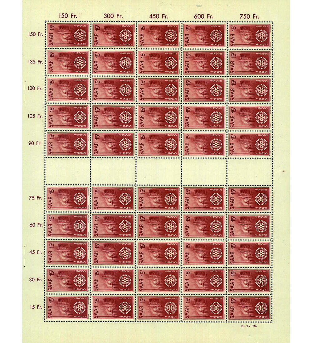 Saar - Komplettbogen Nr. 357 postfrisch mit Platten fehler II + III Rotary Club