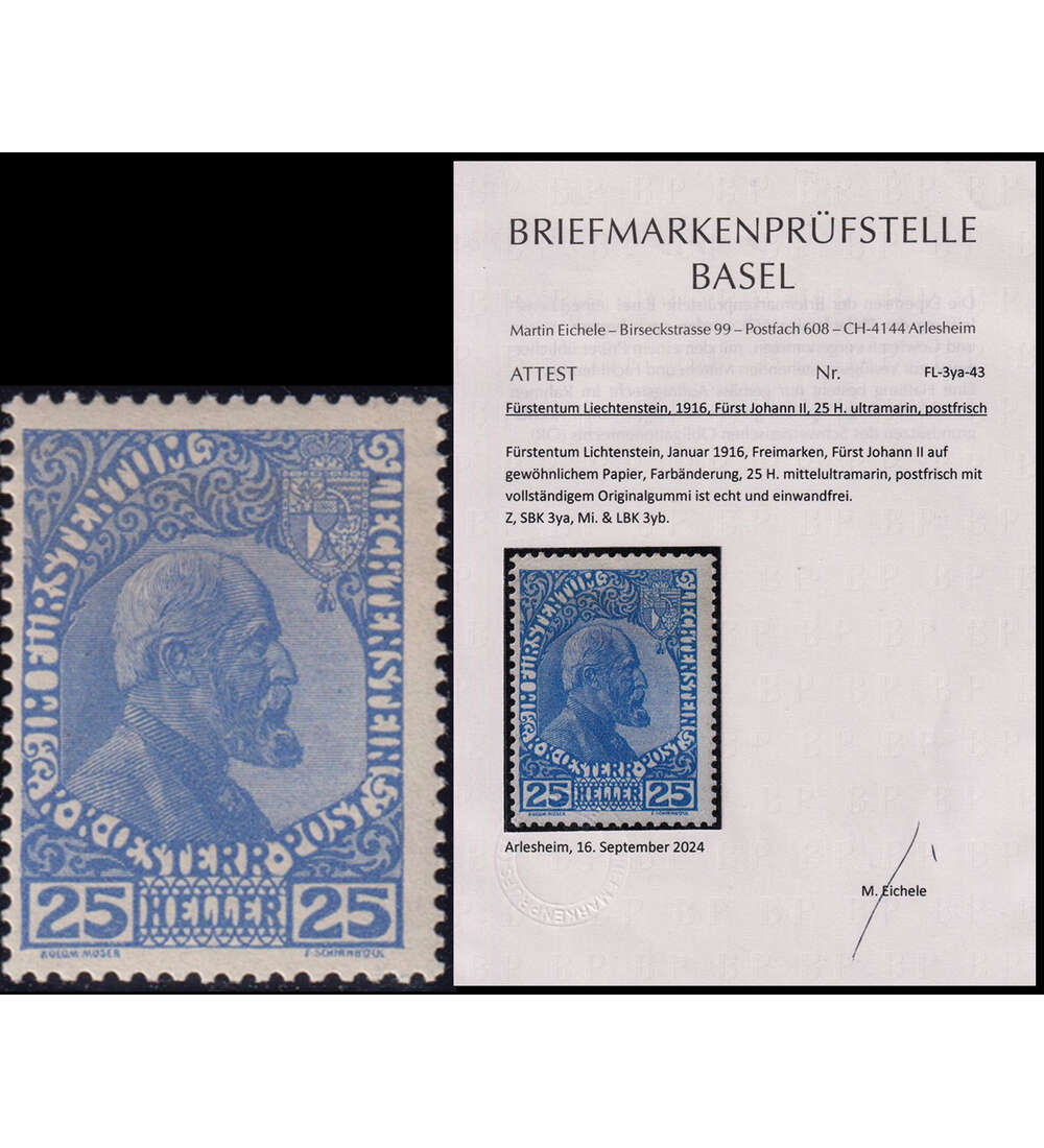 Liechtenstein Frst Johann II Nr. 3 y a postfrisch mit Farbfotoattest