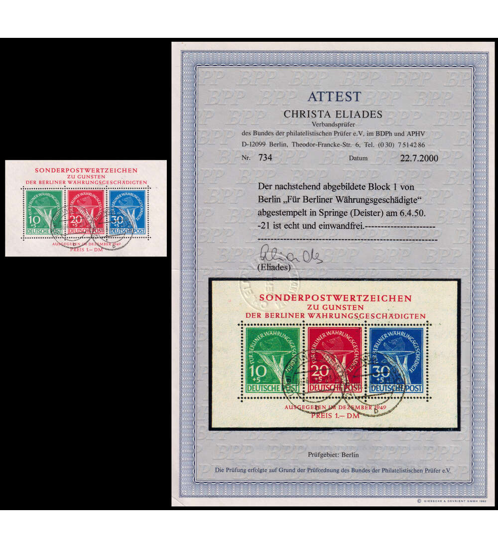 Berlin - Block 1 gestempelt mit Farbfotoattest Whrungsgeschdigte 1949