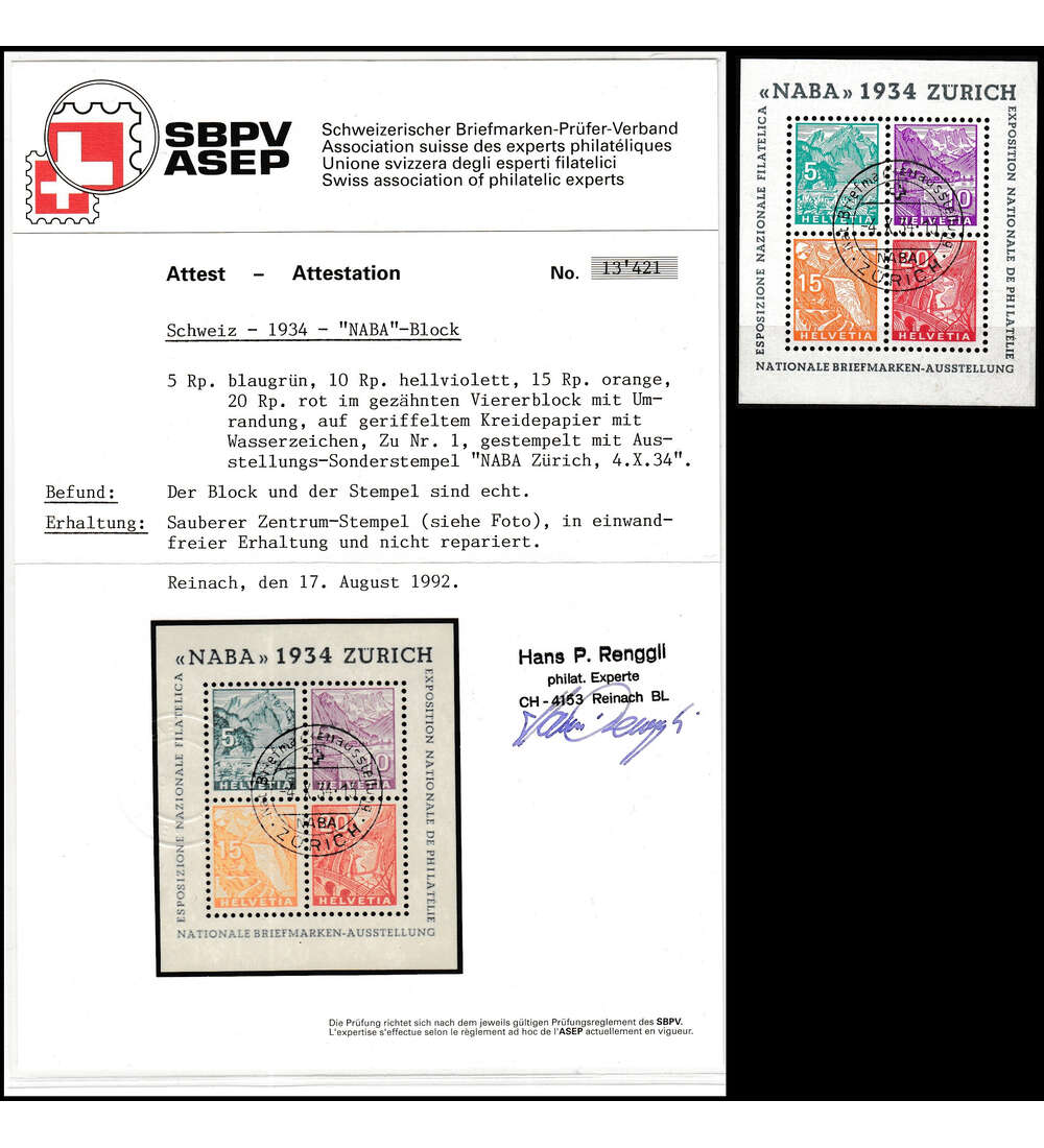 Schweiz - Block 1 gestempelt mit Ausstellungs-Sonderstempel sowie Farbfotoattest