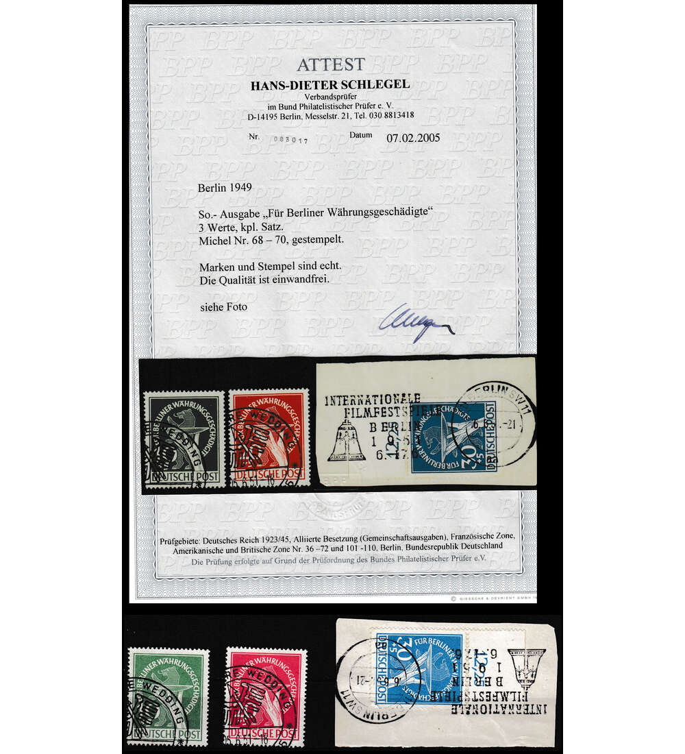 Berlin W�hrungsgesch�digte 49 Nr. 68-70 gestempelt mit Farbfotoattest Schlegel