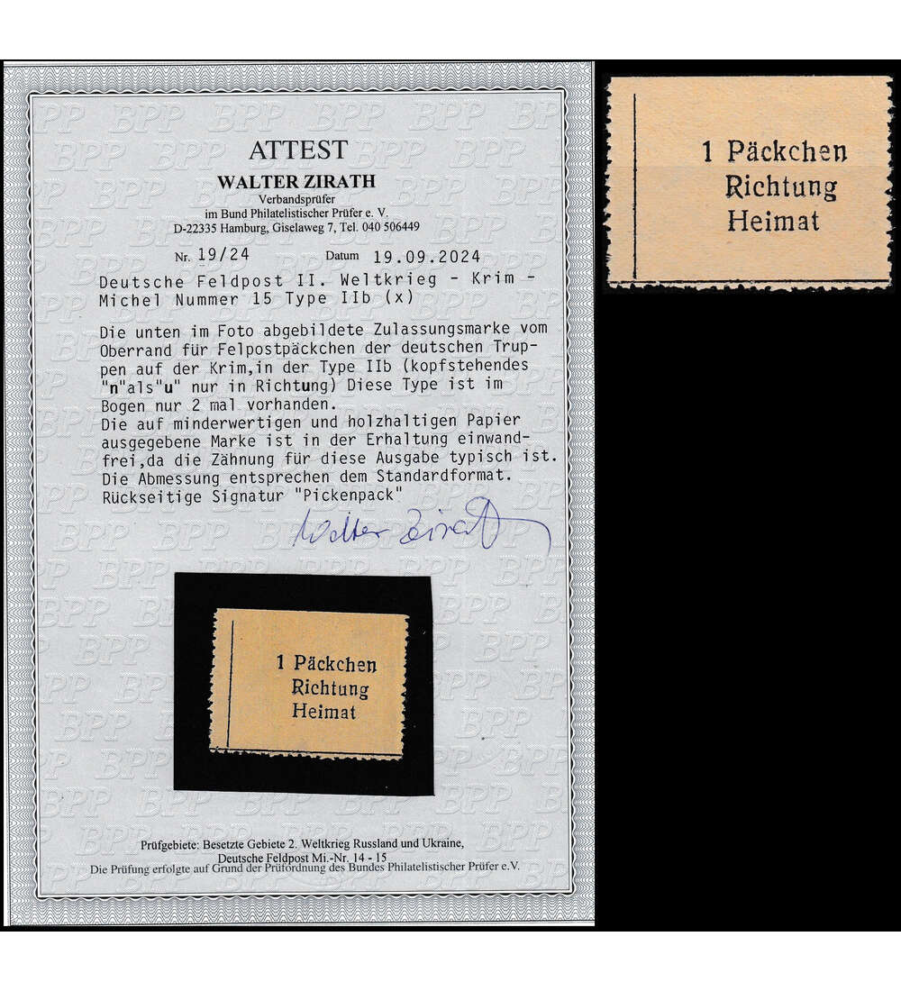 Deutsches Reich - Feldpost Nr. 15 II b ungestempelt mit Farbfotoattest Zirath