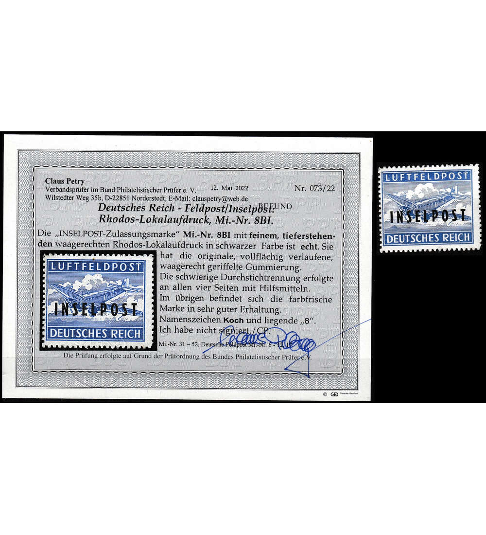 Deutsches Reich Feldpost Nr. 8 Nr. 8 B I postfrisch mit Farbfotobefund magerer Aufdruck