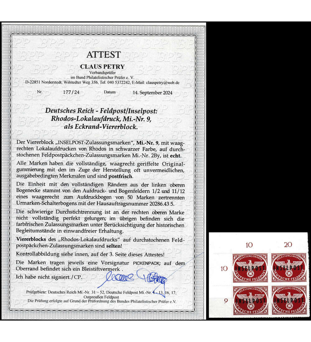 Deutsches Reich Feldpost Nr. 9 postfrischer 4er-Block aus der linken oberen Ecke Fotoattest