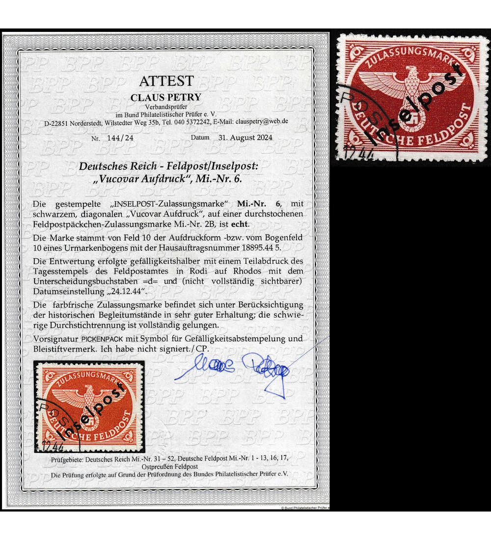 Deutsches Reich Inselpost Nr. 6 gestempelt dazu Farbfotoattest Petry