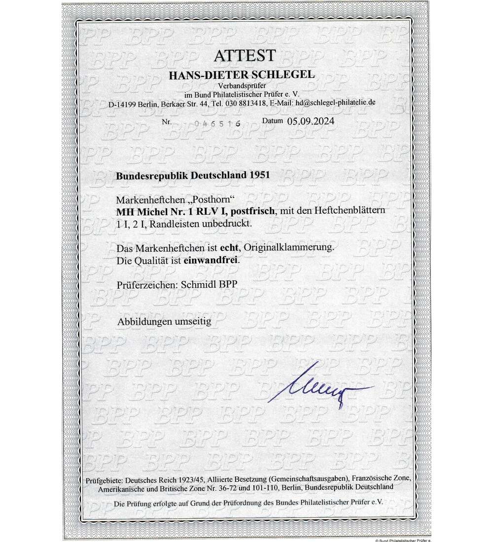 BRD - Markenheft Posthorn MH 1 RLV I postfrisch mit Farbfotoattest Schlegel