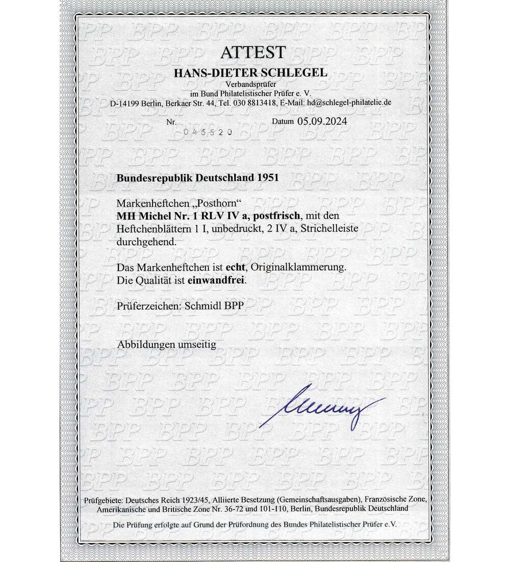 BRD - Markenheft Posthorn MH 1 RLV IV a postfrisch mit Farbfotoattest Schlegel