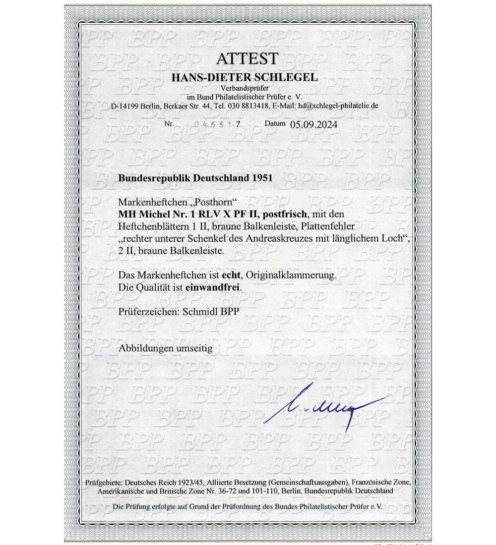 BRD - Markenheft Posthorn MH 1 RLV X PF II postfrisch mit Farbfotoattest Schlegel