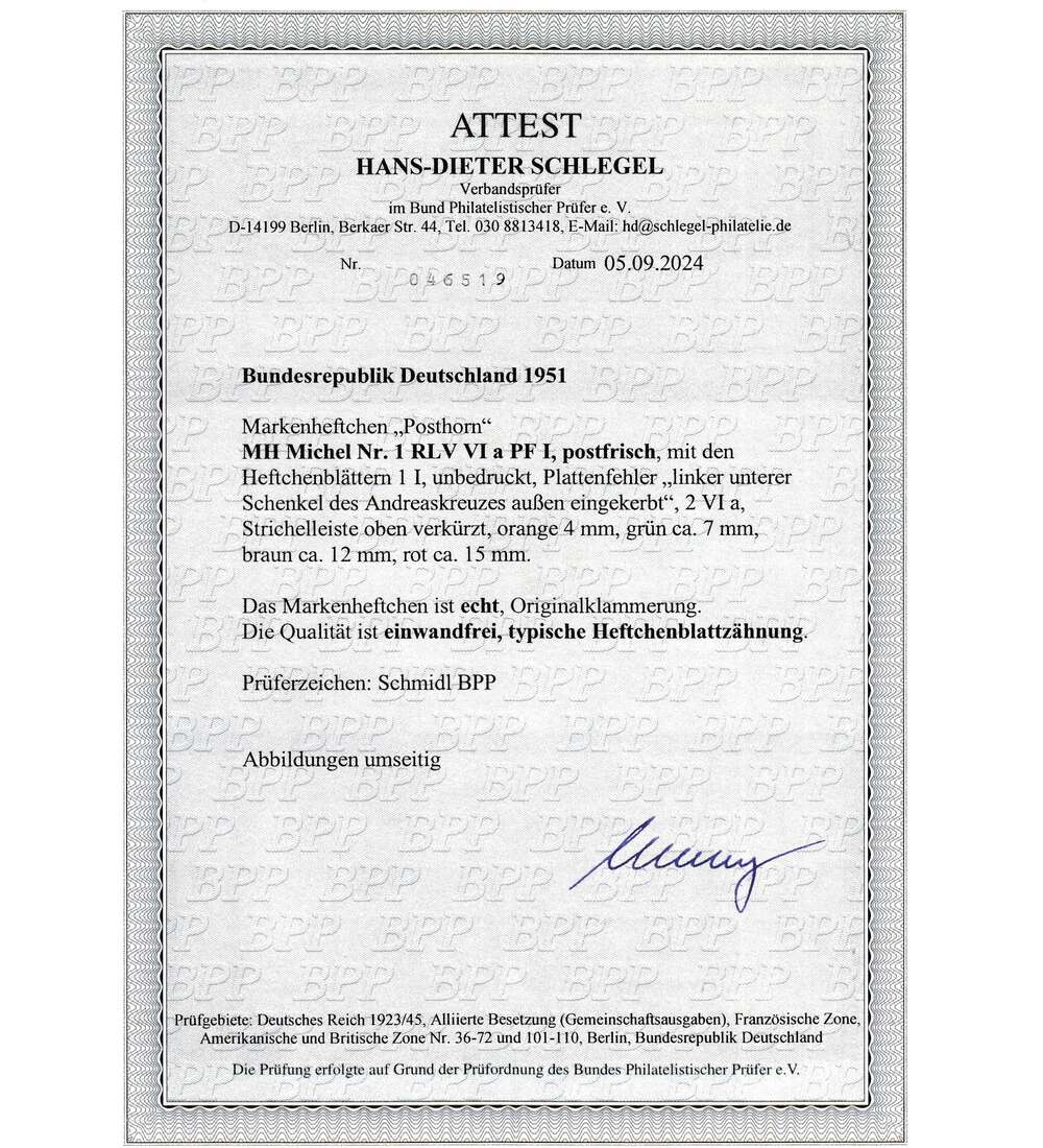 BRD - Markenheft Posthorn MH 1 RLV VI a PF I postfrisch mit Farbfotoattest Schlegel