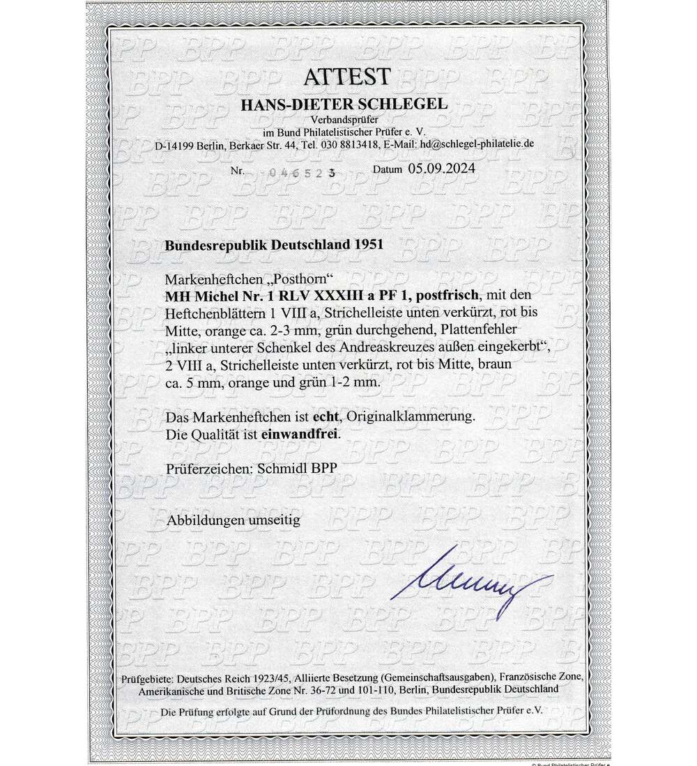 BRD - Markenheft Posthorn MH 1 RLV XXXIII a PF I postfr. mit Farbfotoattest Schlegel