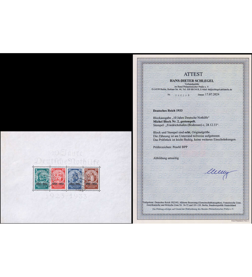 Deutsches Reich - Block 2 gestempelt Fotoattest Schlegel Nothilfe-Block 1933