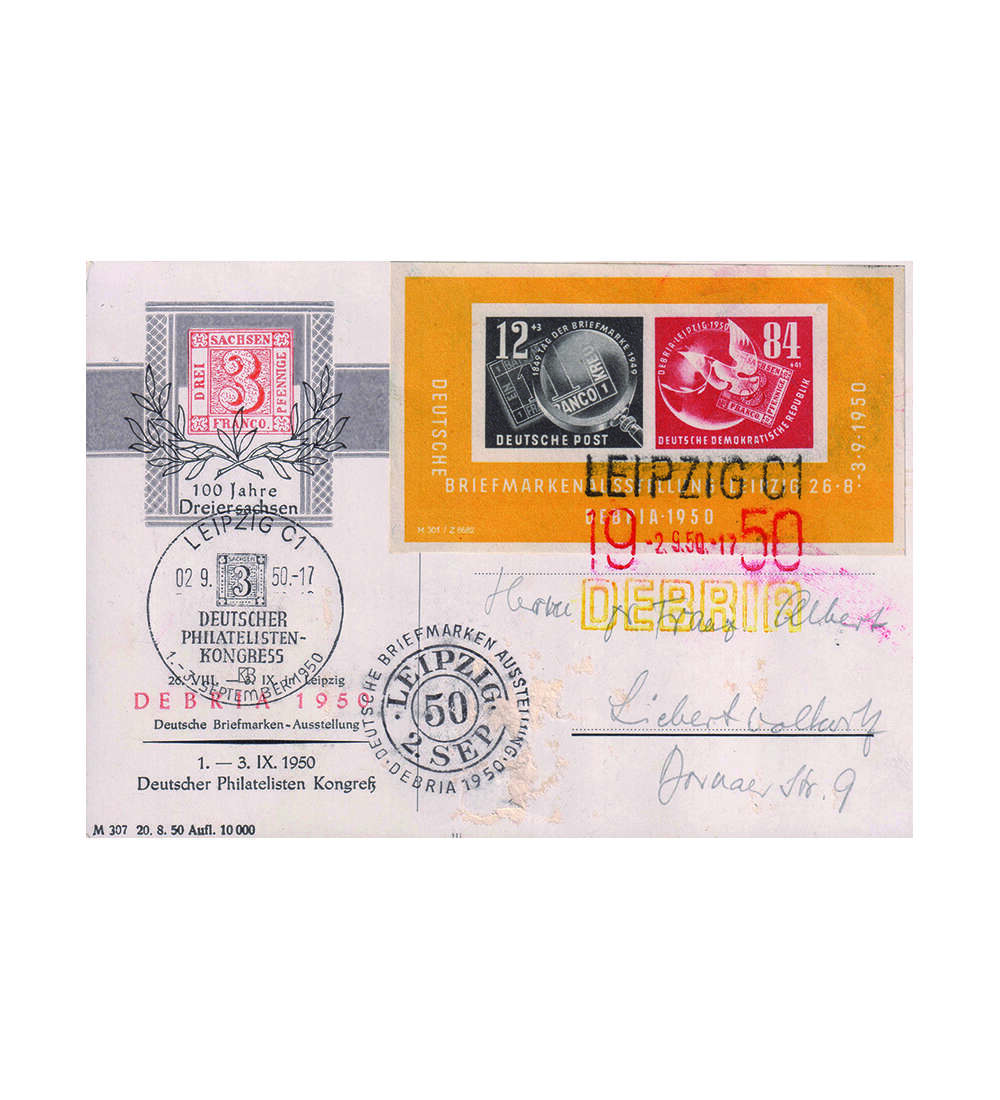DDR-Sonderkarte DEBRIA 1950 Block 7 auf Karte gestempelt mit allen 3 Sonderstempeln