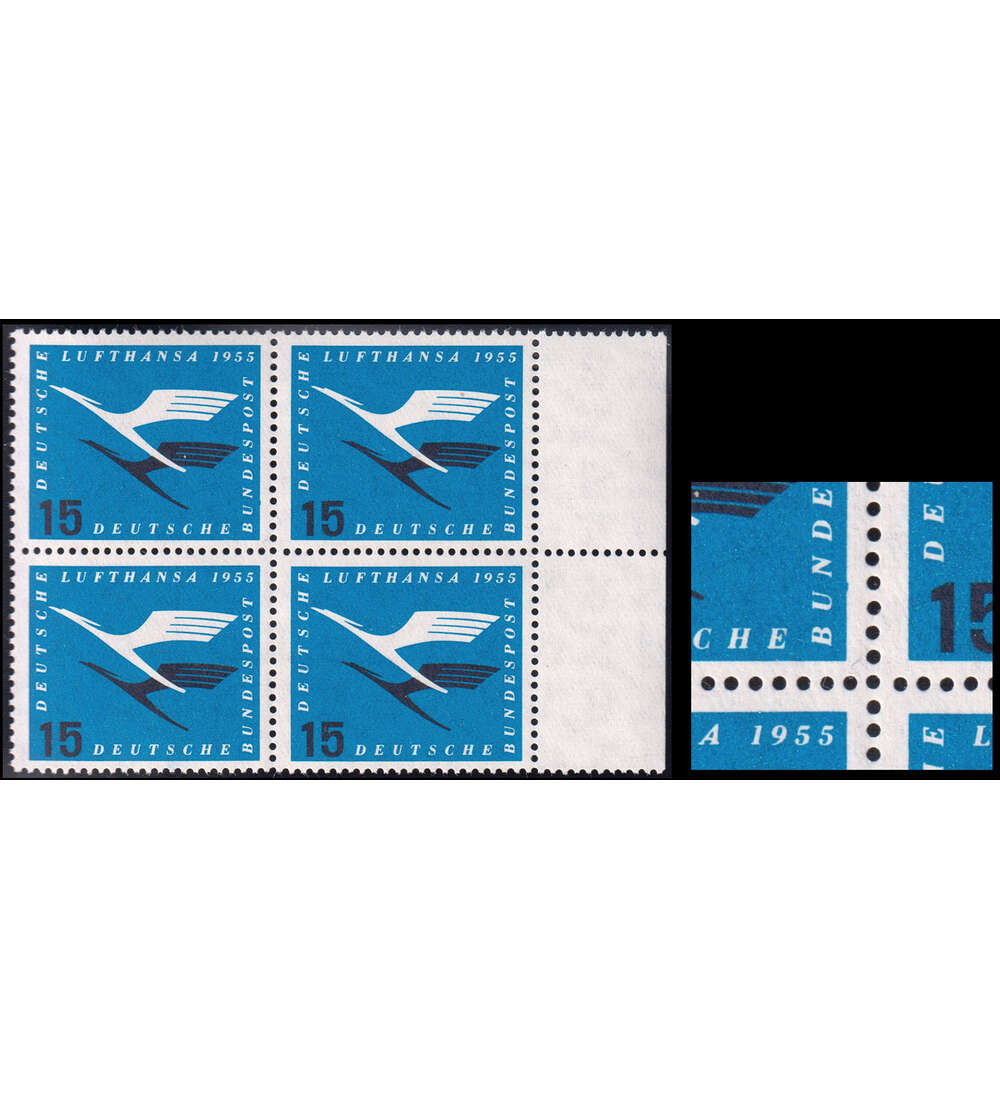 BRD-Plattenfehler Nr. 207 II postfrischer Viererblock Lufthansa 1955