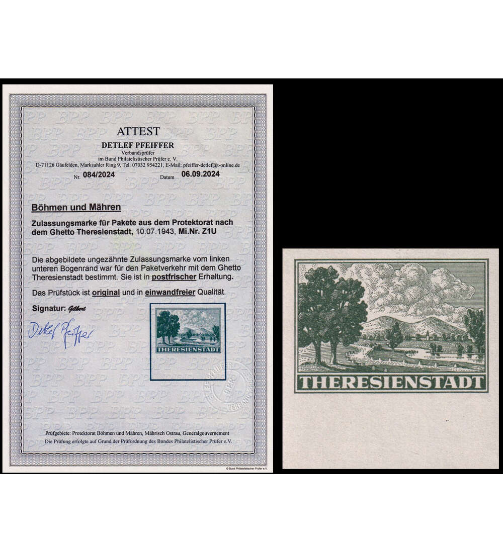 Dt. Besetzung Theresienstadt Nr. Z 1 U postfrisch mit Farbfotoattest Pfeifer