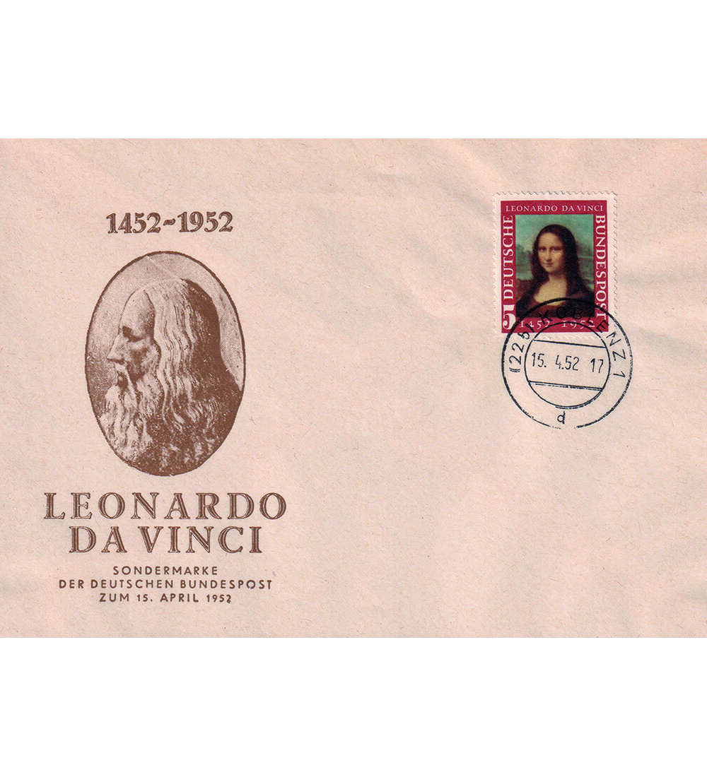BRD-FDC Mona Lisa Nr. 148 auf Schmuck-FDC Abstempelung vom 15.4.52