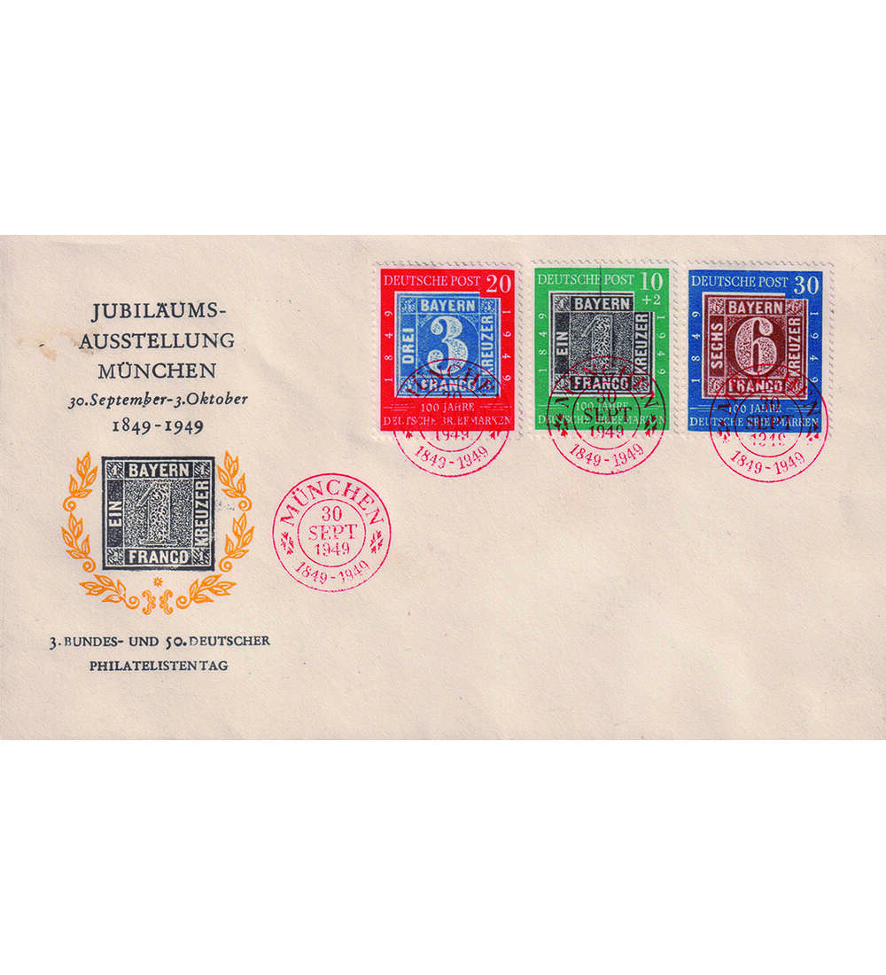 BRD-FDC Deutsche Briefmarken Nr. 113-115 auf Schmuck-FDC mit roter Abstempelung 30.9.49
