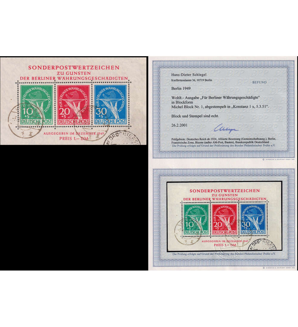 Berlin Block 1 gestempelter Bedarfsblock m. Farbfotobefund W�hrungsgesch�digte-Block