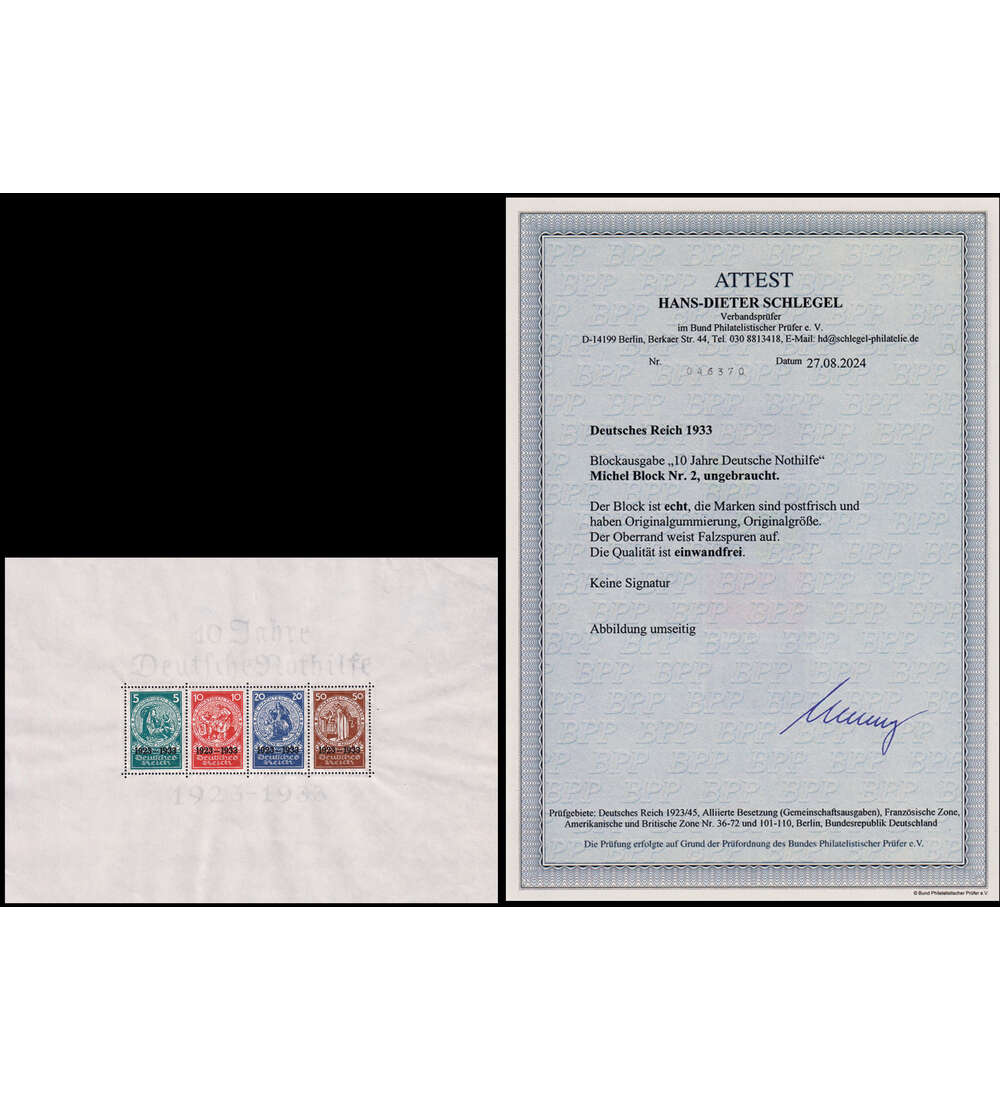Dt. Reich Nothilfe-Block 1933 Block 2 ungestempelt mit Farbfotoattest Schlegel