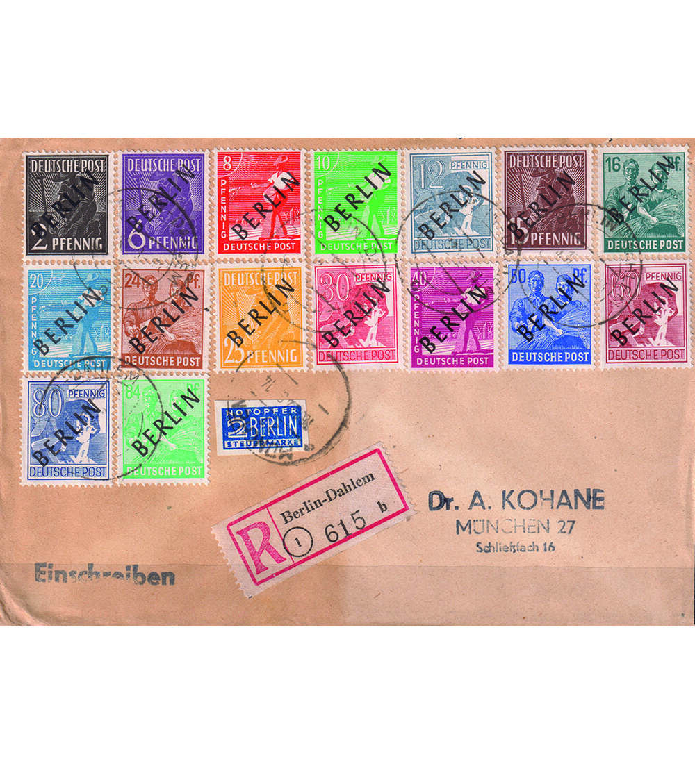 Berlin Schwarzaufdrucke Nr. 1-16 auf Einschreibebrief mit Farbfotoechtheitsbefund