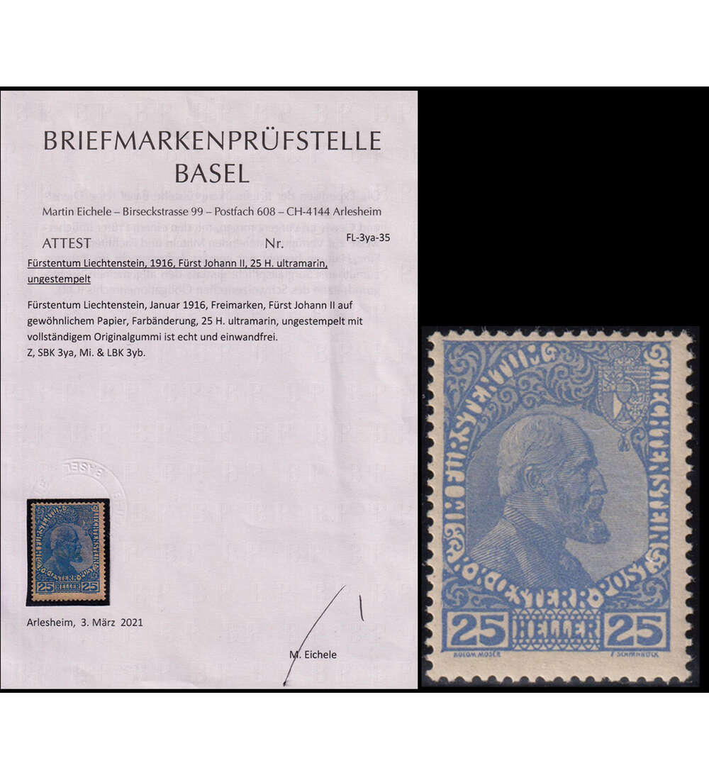 Liechtenstein Frst Johann II Nr. 3 yb ungestempelt mit Farbfotoattest