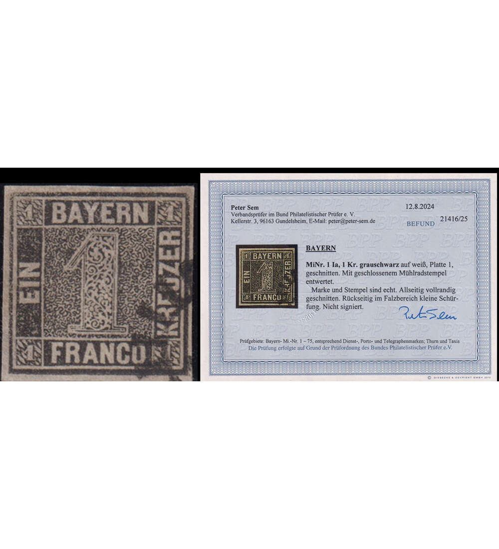 Bayern Einser Nr. 1 I a gestempelt mit Farbfotobefund