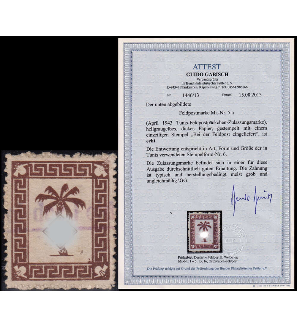 Deutsch Feldpost Tunis gestempelt mit Farbfotoattest