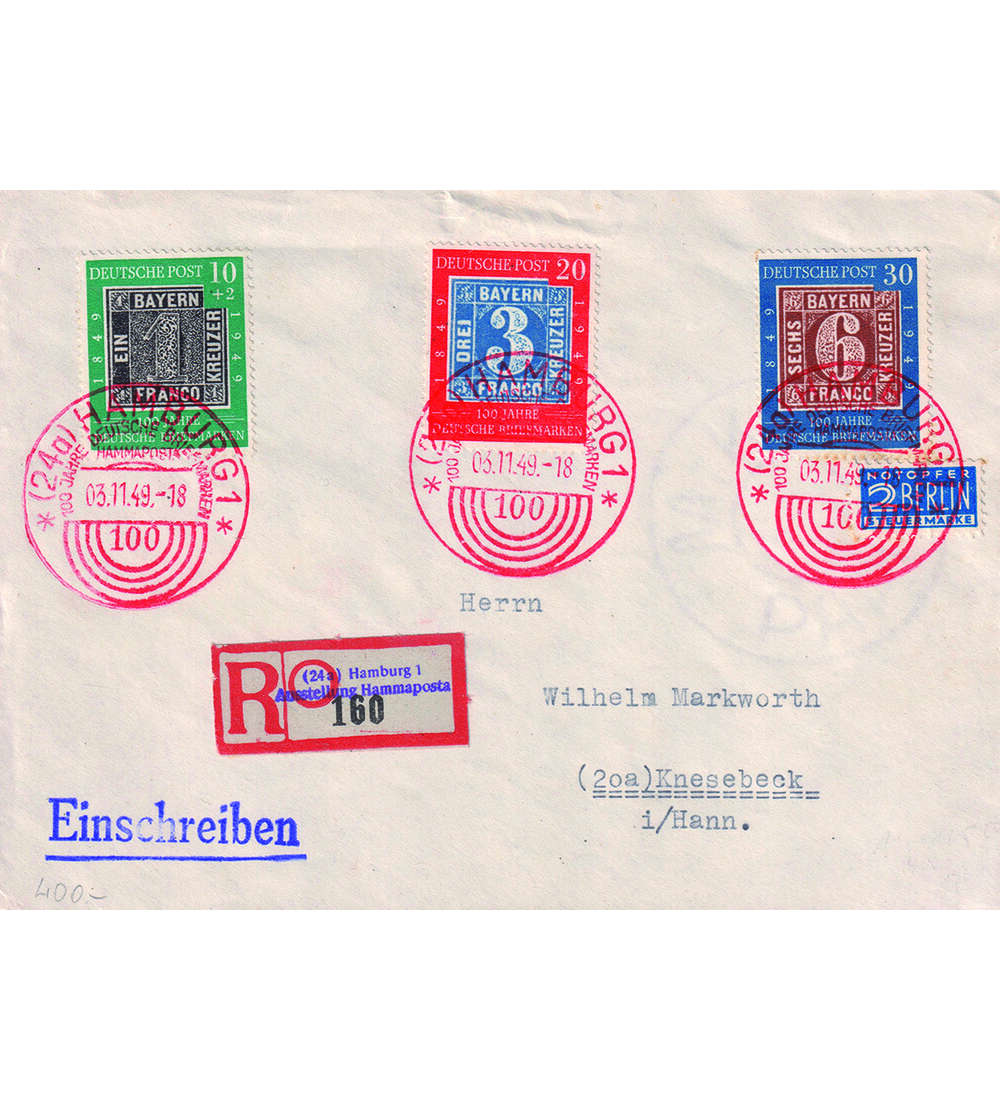 BRD 100 Jahre dt. Briefmarken Nr. 113-115 auf Brief